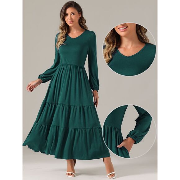 Tiered A-Line Crewneck Long Sleeve Midi Casual Dress with Pockets Dark Green - Picture 2 of 6